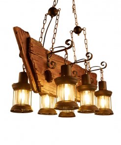 Lampara Madera Colgante Rustica 6 Faroles Incluye Ampolletas