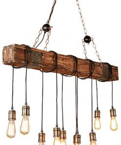 Lampara Colgante Vintage De Madera Diseño Viga 10 Soquetes