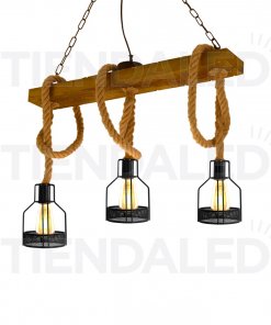 Lámpara Vintage Madera y Cáñamo, 3 Jaulas Hierro