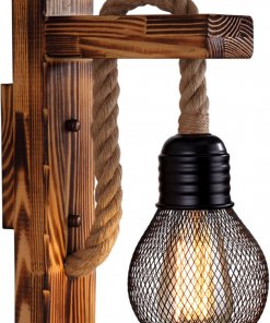 Aplique Rustico Lampara De Pared Retro Madera Y Jaula Hierro