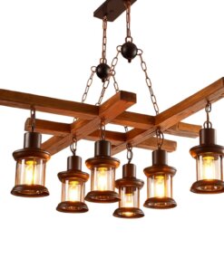 Lámpara Colgante Estilo Rústico Industrial de Madera e Hierro con 8 Luces Tipo Farol