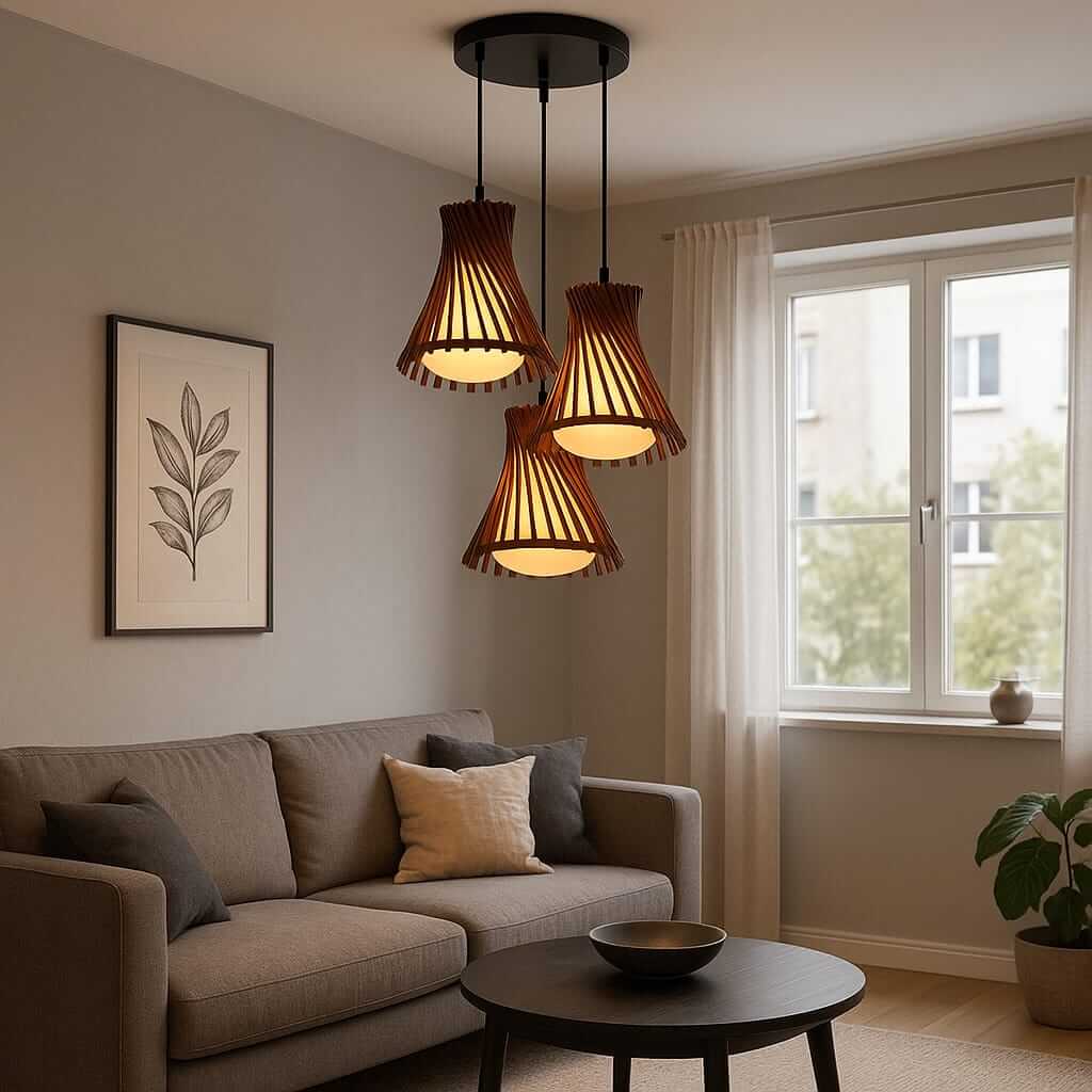 Lámpara Colgante Triple Madera Vidrio Diseño Moderno Natural - Imagen 3