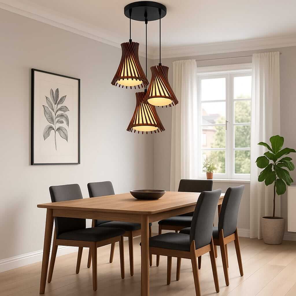 Lámpara Colgante Triple Madera Vidrio Diseño Moderno Natural - Imagen 4