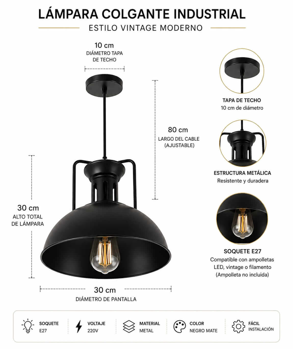 Lámpara Colgante Industrial Negra 30cm E27 – Estilo Vintage Moderno | Cable 80cm - Imagen 8