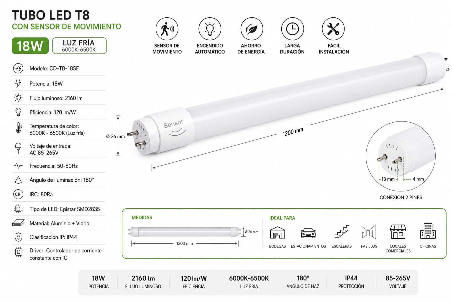 Tubo LED T8 Sensor Movimiento 18W 120 cm Luz Fría - Imagen 5